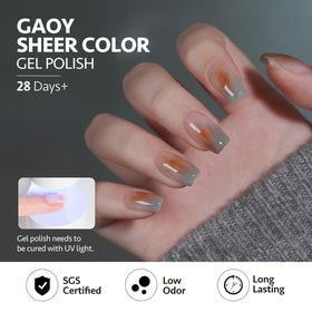 Display of six GAOY gel polish bottles on a nail art table