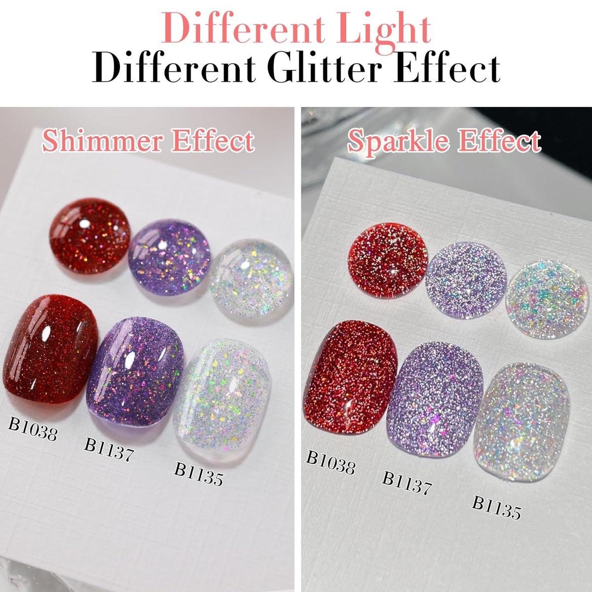 Display of various nail art using Double Rhythm Glitter Gel Polish