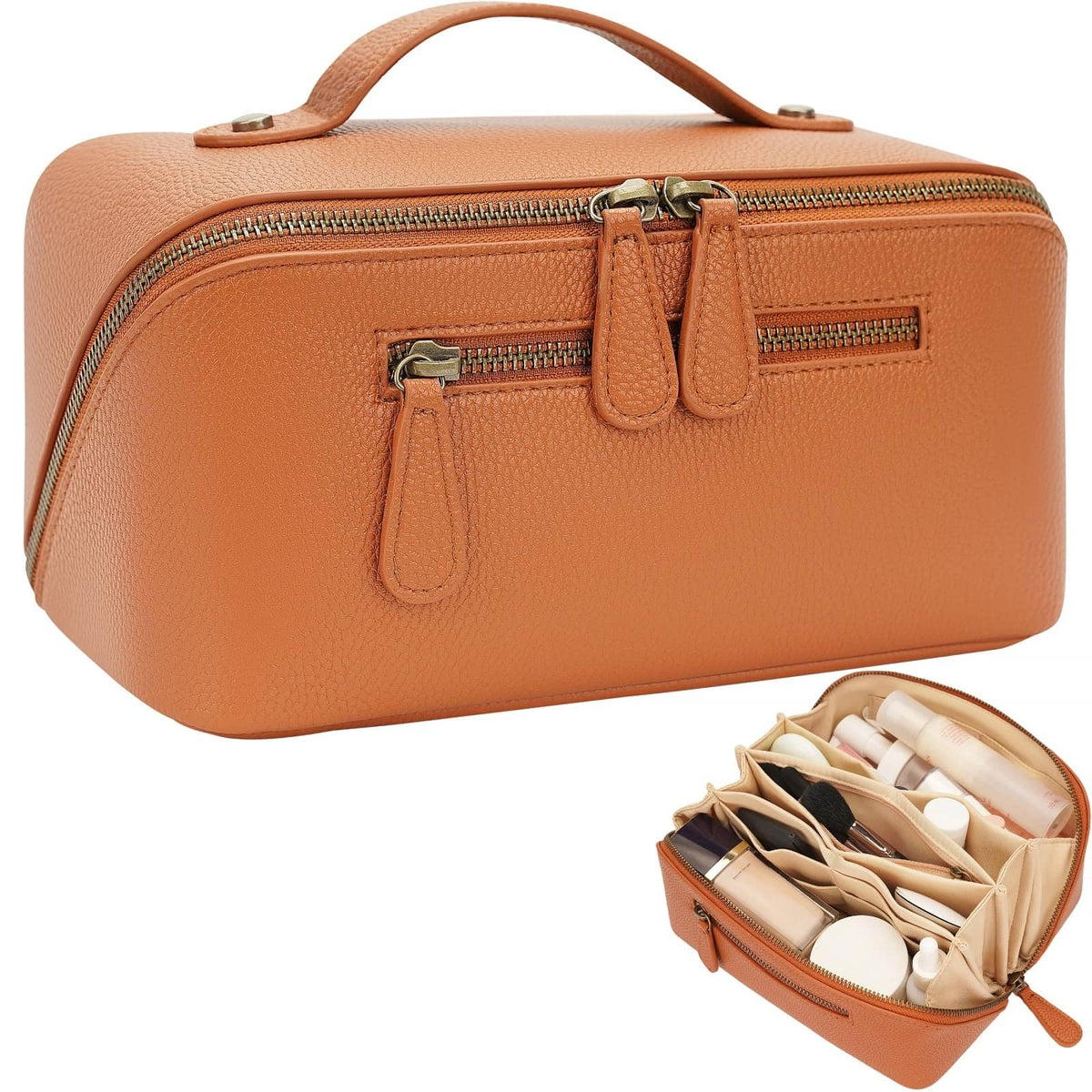 Divvia Travel Makeup Bag large capacity brown model front view