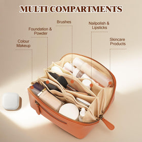 Divvia Travel Makeup Bag open flat showing organised cosmetics