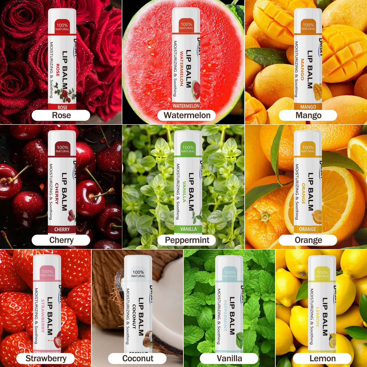Dmsky lip balm flavours including cherry, vanilla, and mint