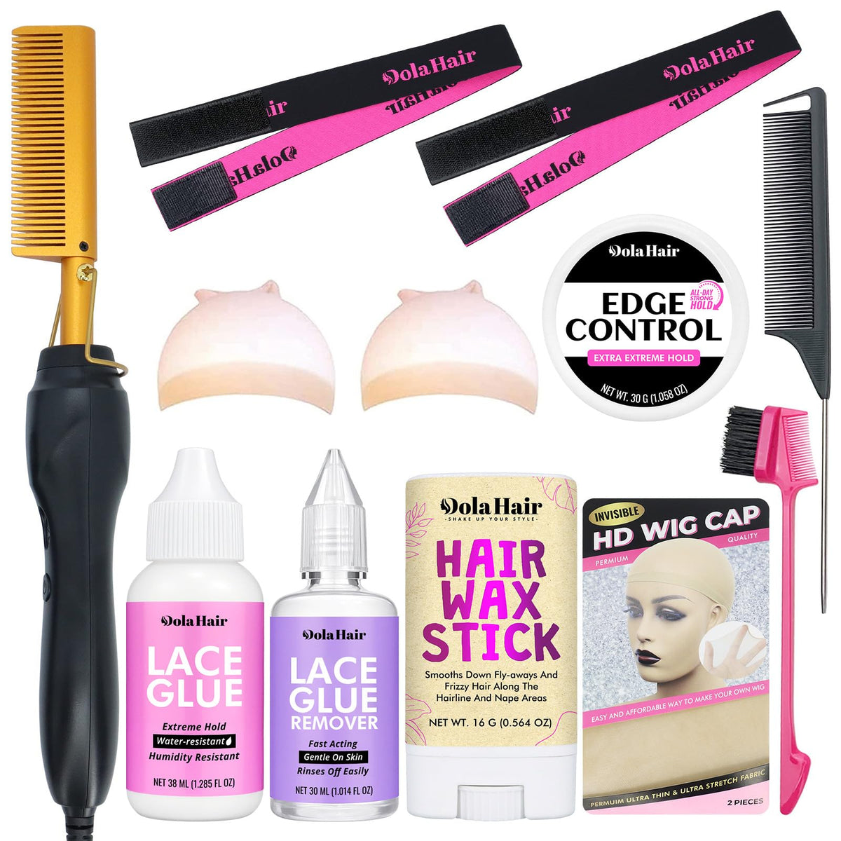 Dolahair Electric Hot Comb front view with accessories