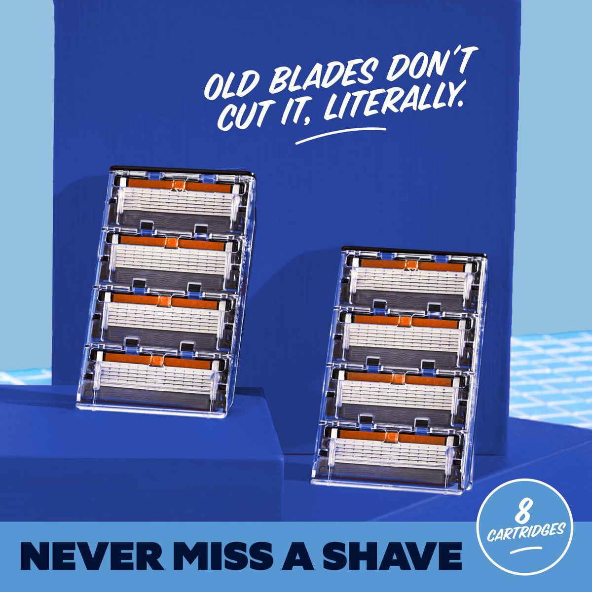 Dollar Shave Club 6 Blade Razor Refills on a bathroom counter