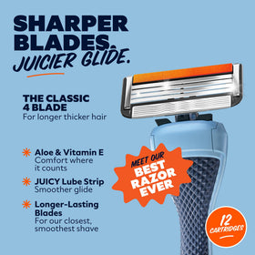 Dollar Shave Club razor blade refills in a bathroom setting