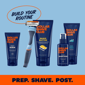 Dollar Shave Club razor blade refills on a wooden surface