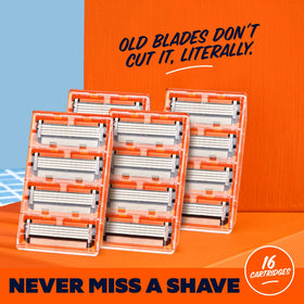Dollar Shave Club razor refills displayed on a bathroom counter
