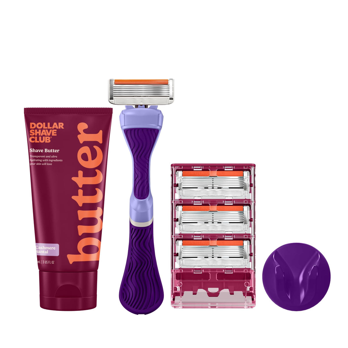 Dollar Shave Club Women's Shave Set with purple grip handle and accessories