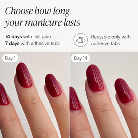 Doonails Soft Gel Press-On Nails in use at a dinner setting