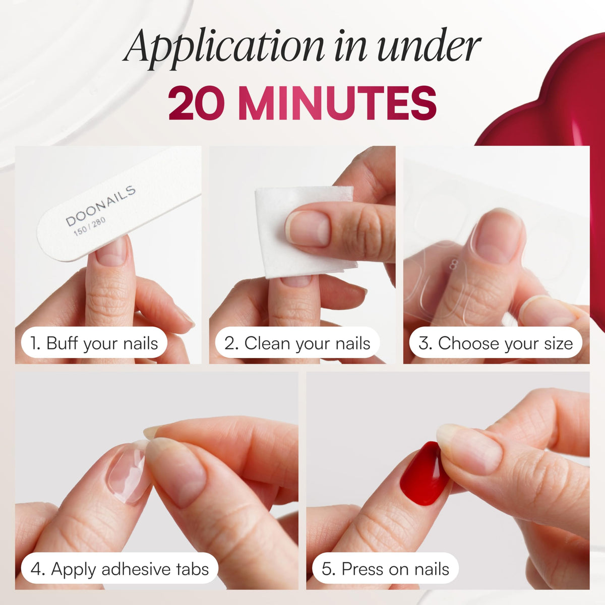 Doonails Soft Gel Press-On Nails on display with rosewood cuticle stick