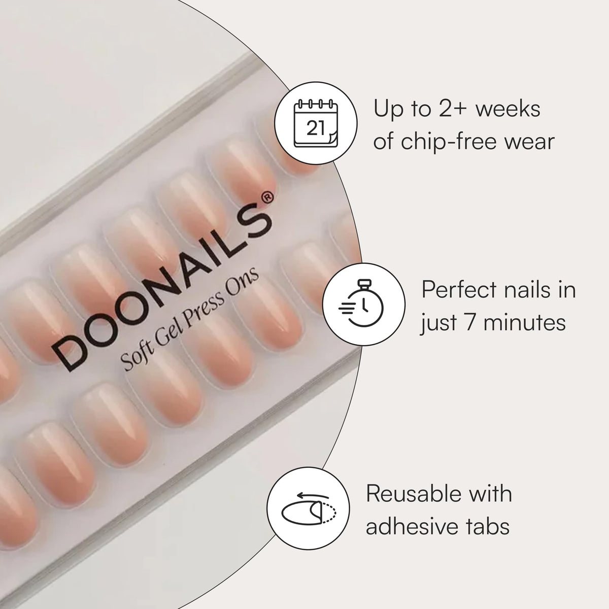 Doonails Soft Gel Press-On Nails showing adhesive tabs and rosewood stick