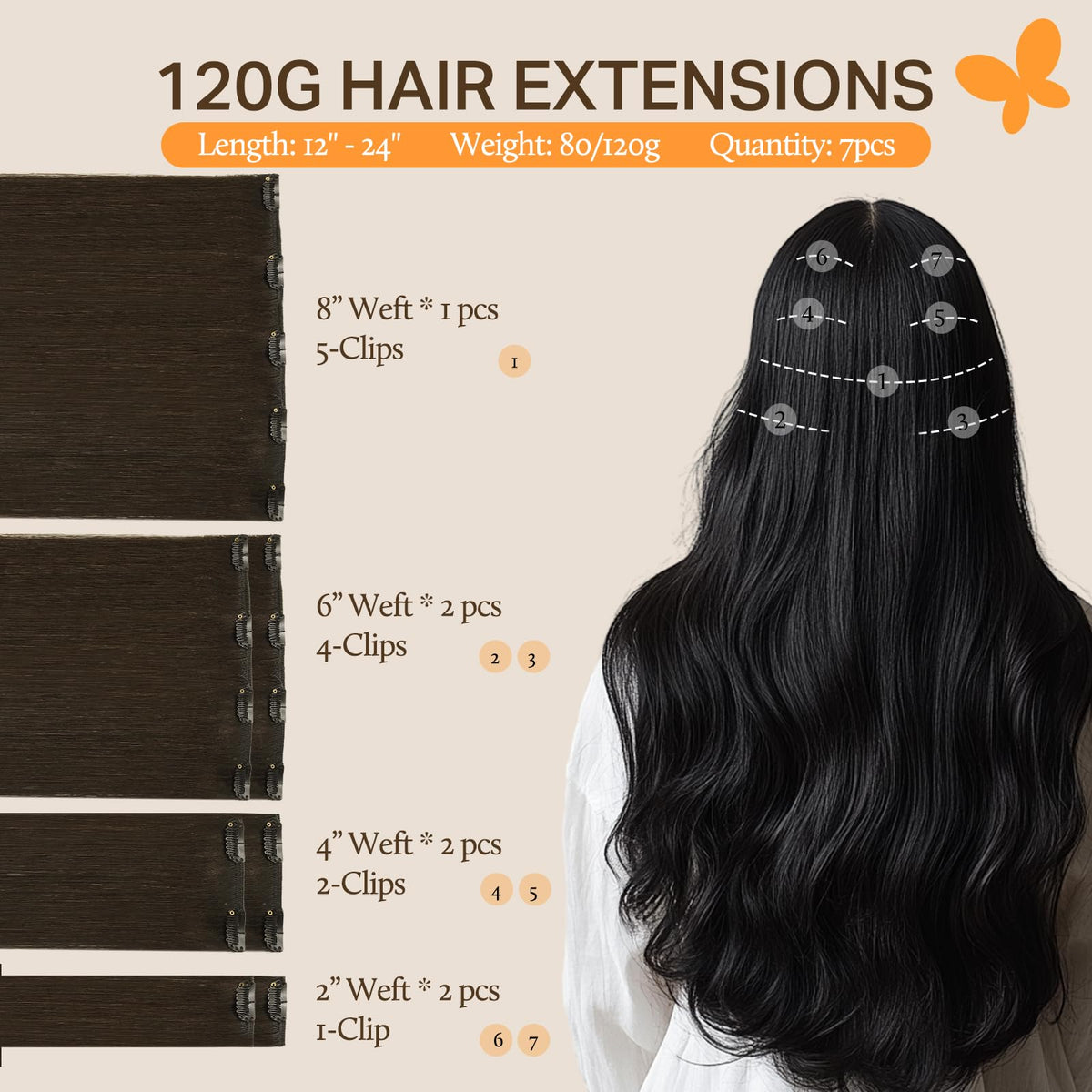 DOORES Clip in Hair Extensions 120g back view