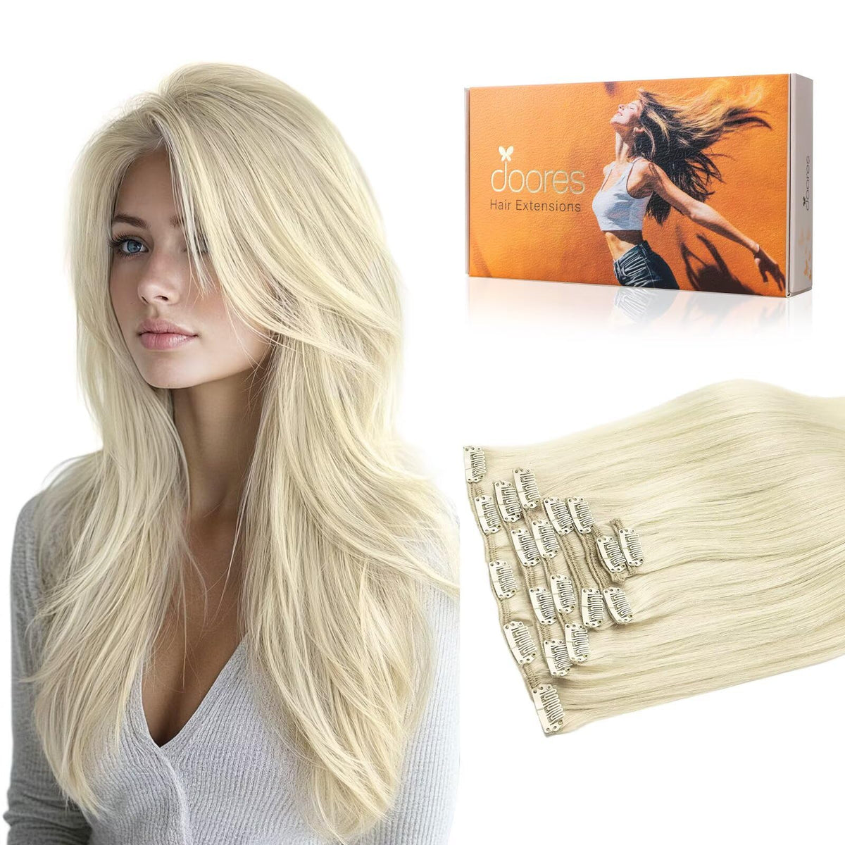 DOORES Clip in Hair Extensions 135g upgrade front view