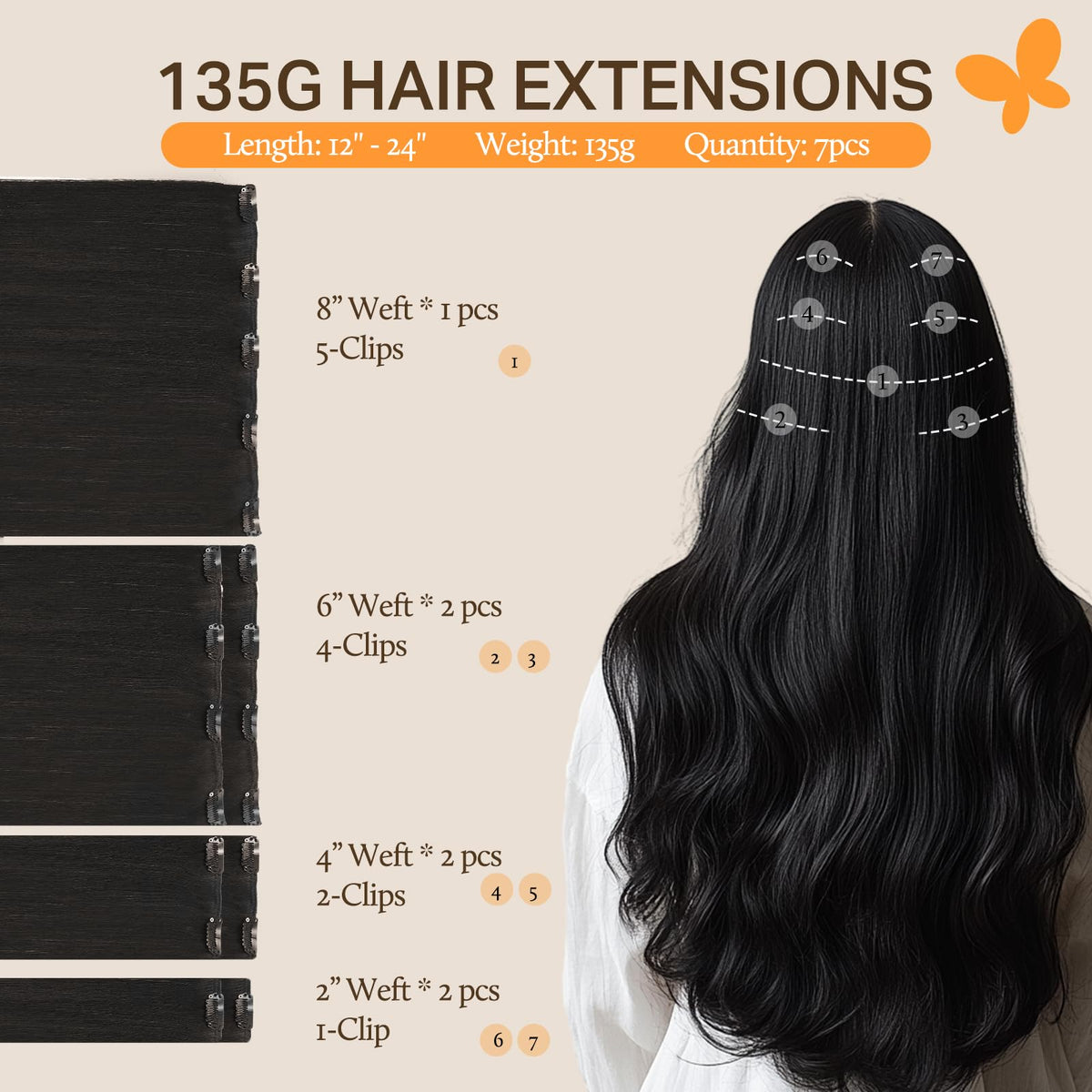 DOORES Clip in Hair Extensions 135g with clips laid out