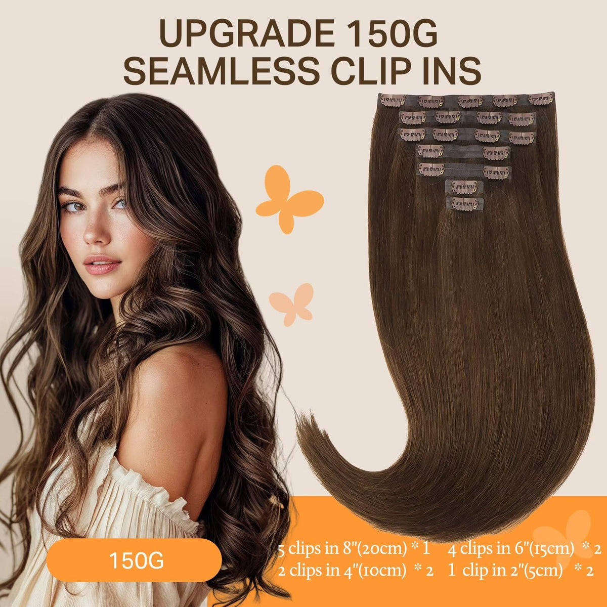 DOORES Clip in Hair Extensions 150g back view