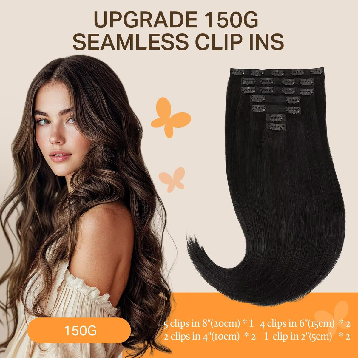 DOORES Clip in Hair Extensions 150g pack side view