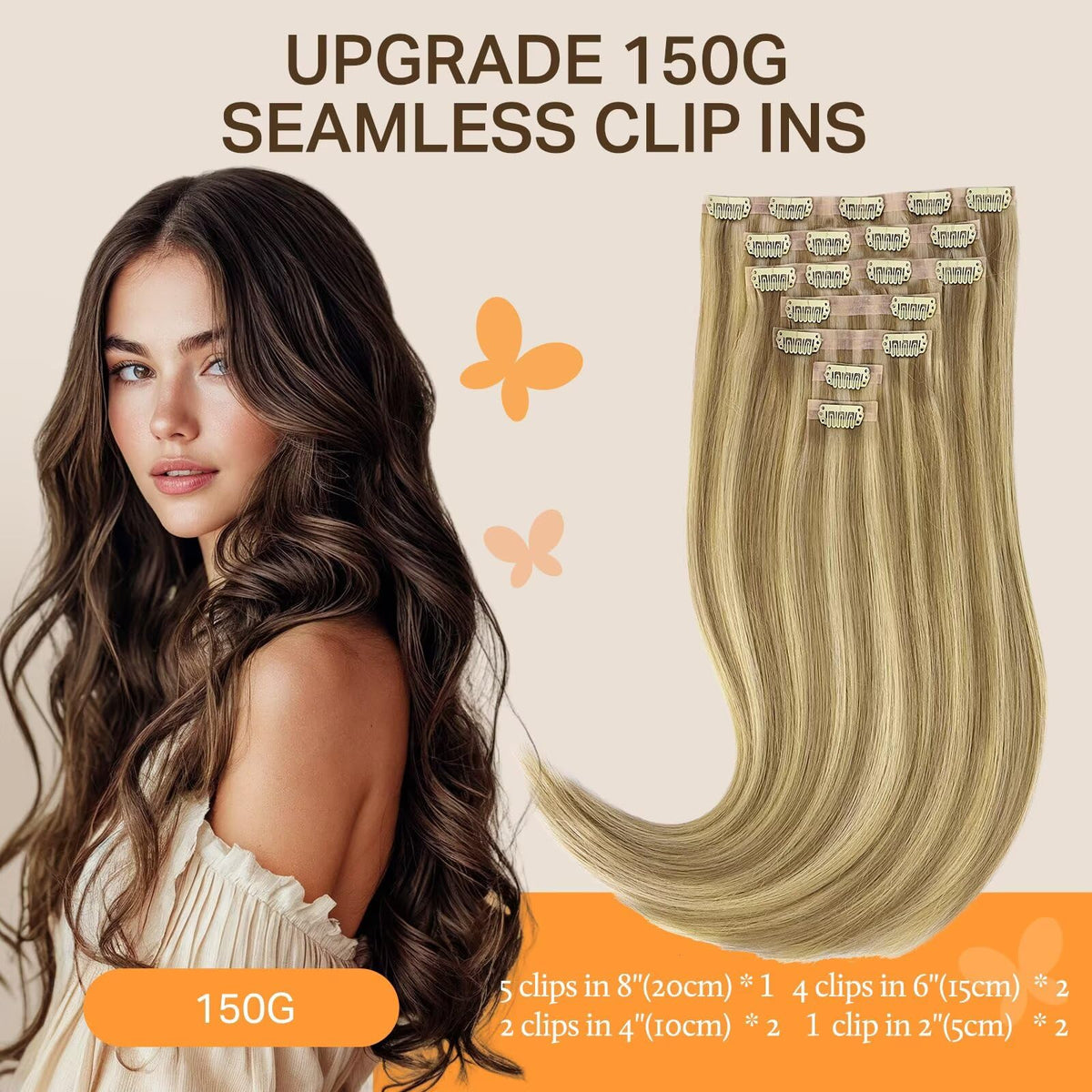 DOORES Clip in Hair Extensions 150g side view