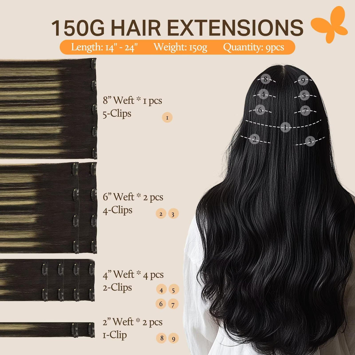 DOORES Clip in Hair Extensions 150g with clips