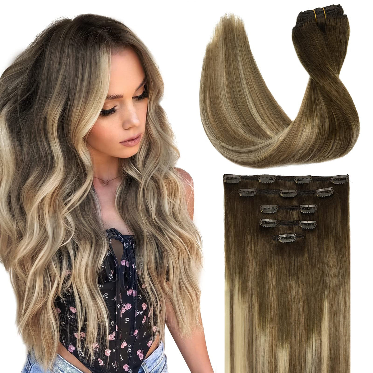DOORES Clip in Hair Extensions 5 piece set front view
