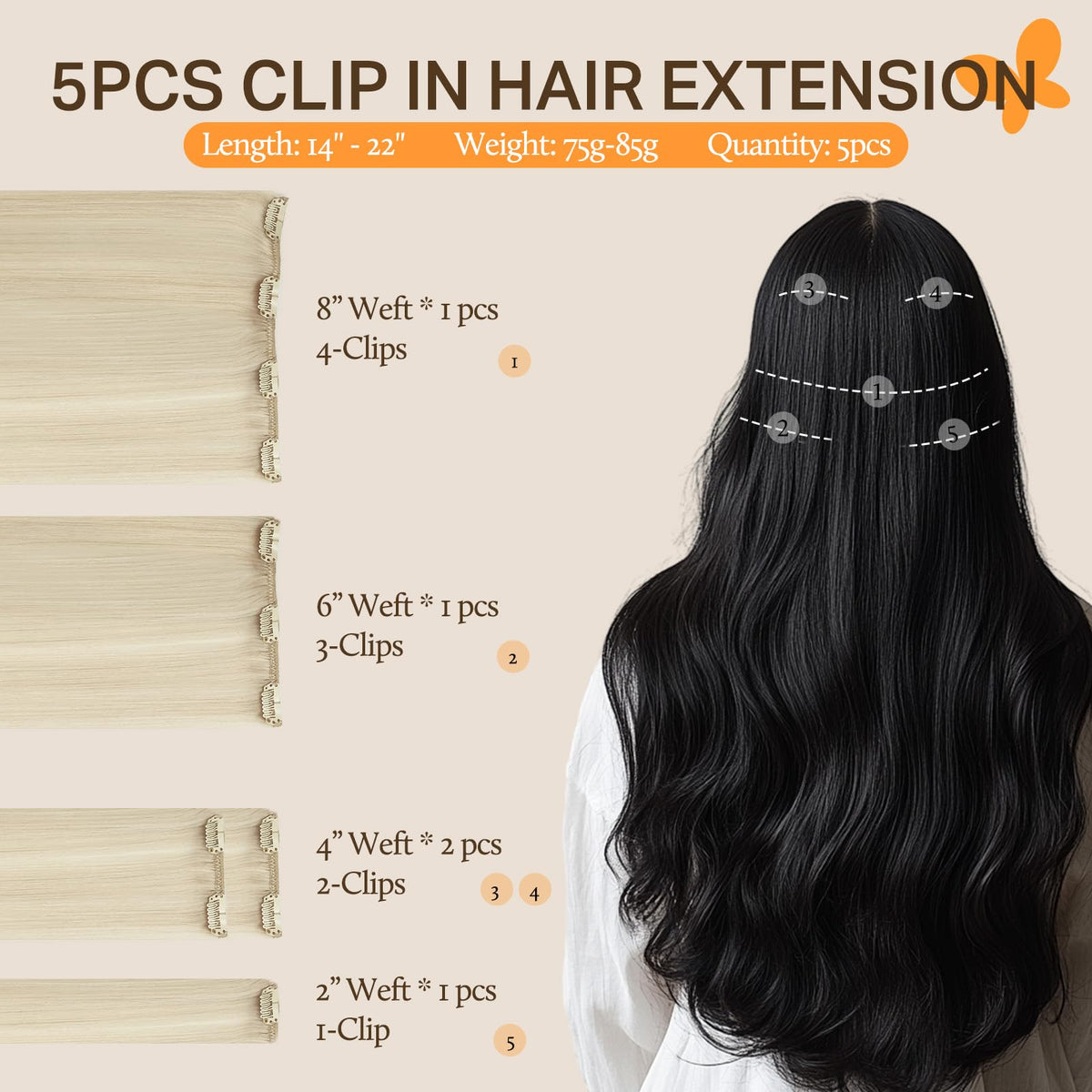 DOORES Clip-in Hair Extensions 5 pieces laid out