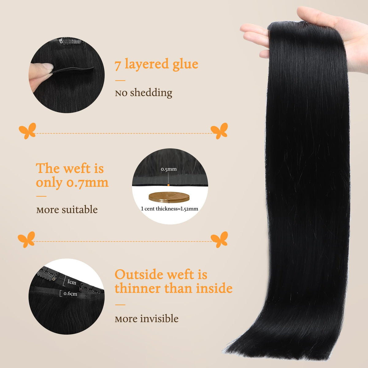 DOORES Clip in Hair Extensions 6 inch pieces side view