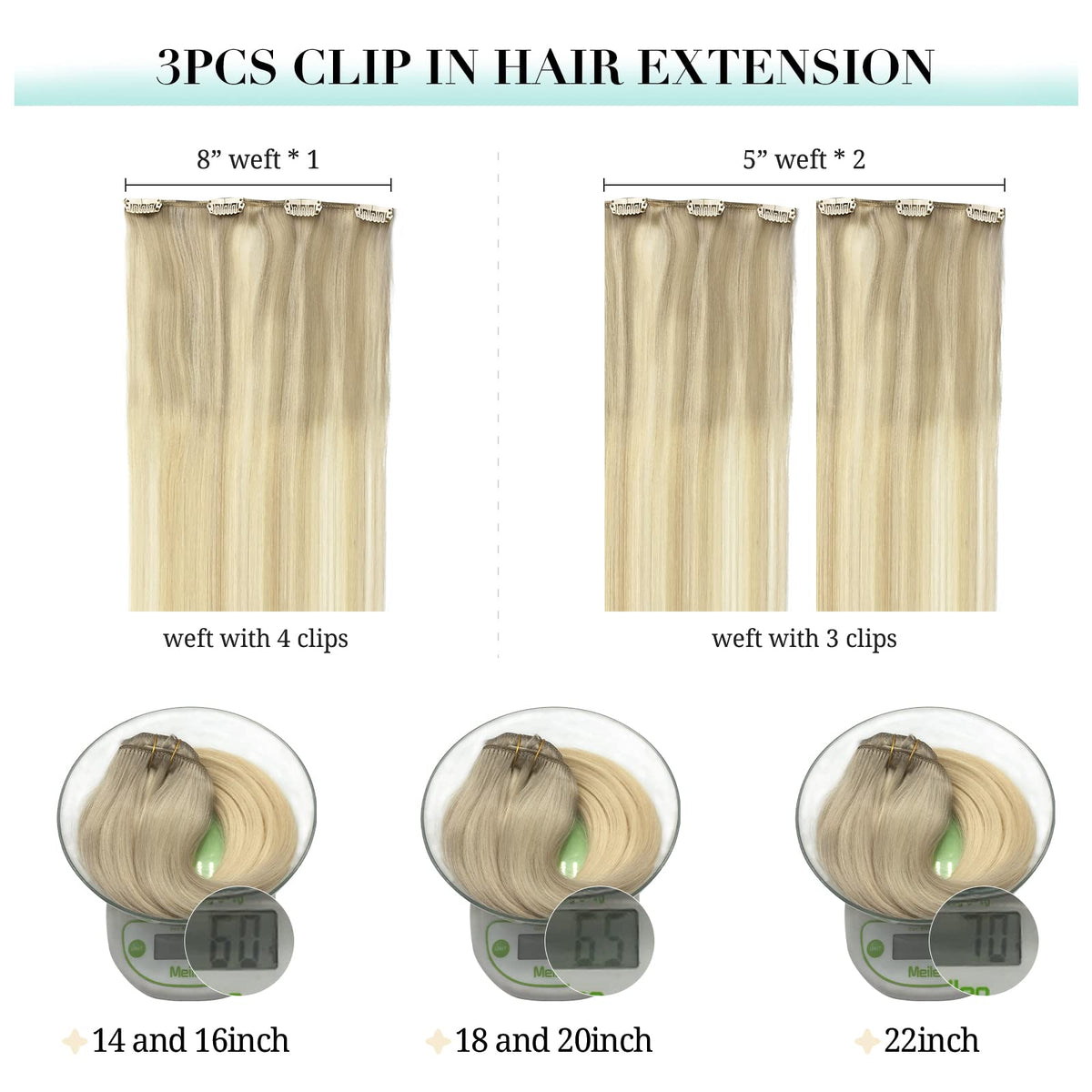 DOORES clip in hair extensions 60g with 8 inch and 5 inch wefts