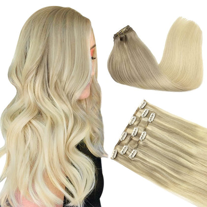 DOORES Clip in Hair Extensions 70g 22 Inch Balayage Ash Blonde front view