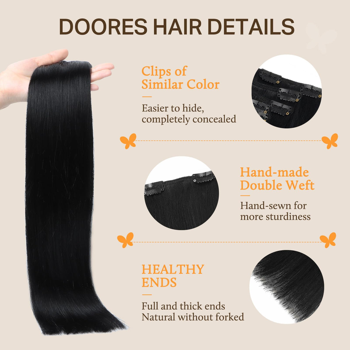 DOORES Clip in Hair Extensions displayed in various colours