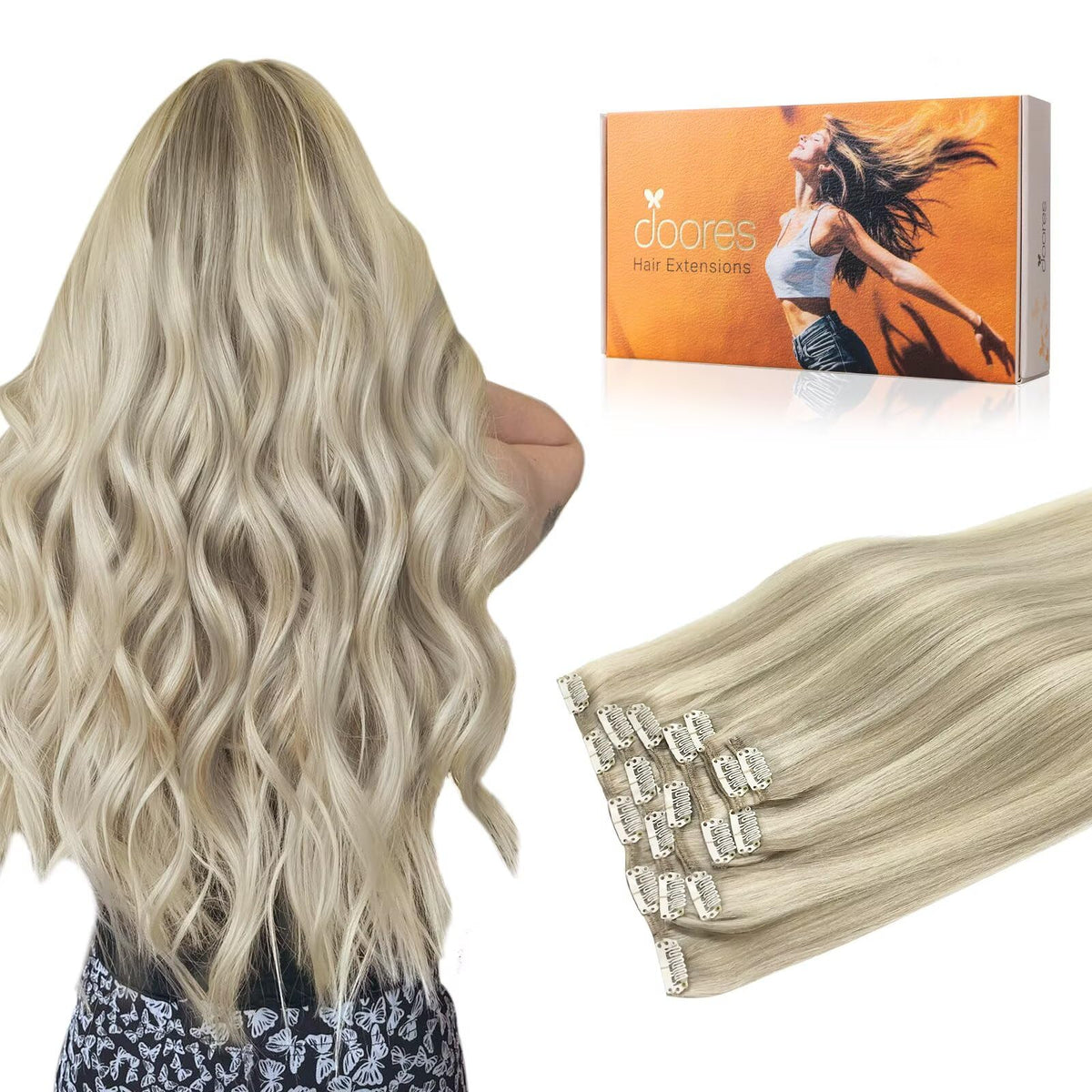 DOORES Clip in Hair Extensions front view in packaging