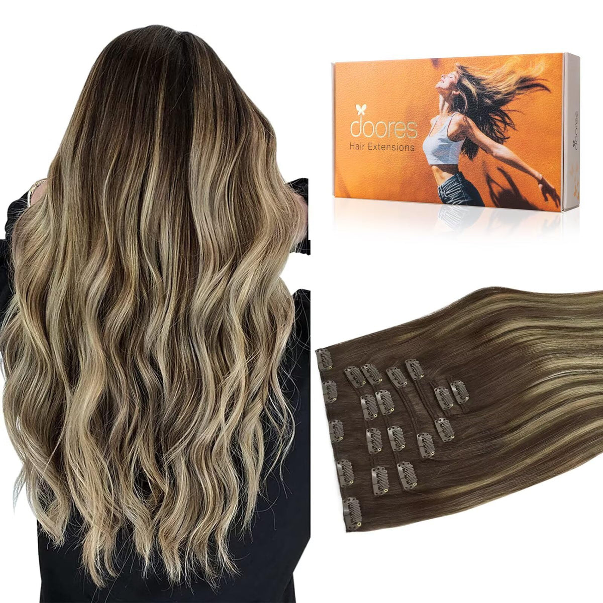 DOORES Clip in Hair Extensions front view with 7 pieces