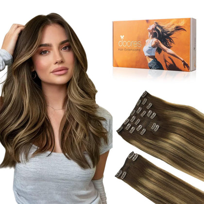DOORES Clip in Hair Extensions front view with 9 pieces