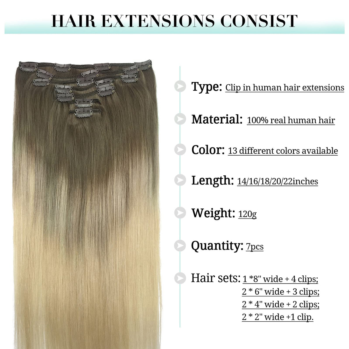 DOORES Clip in Hair Extensions Human Hair 120g close-up of clips