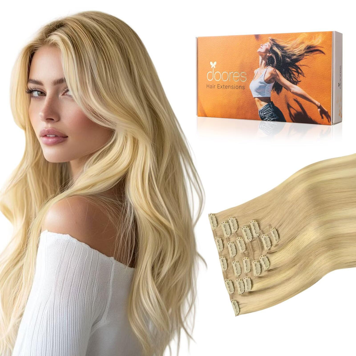 DOORES Clip in Hair Extensions Human Hair 120g front view