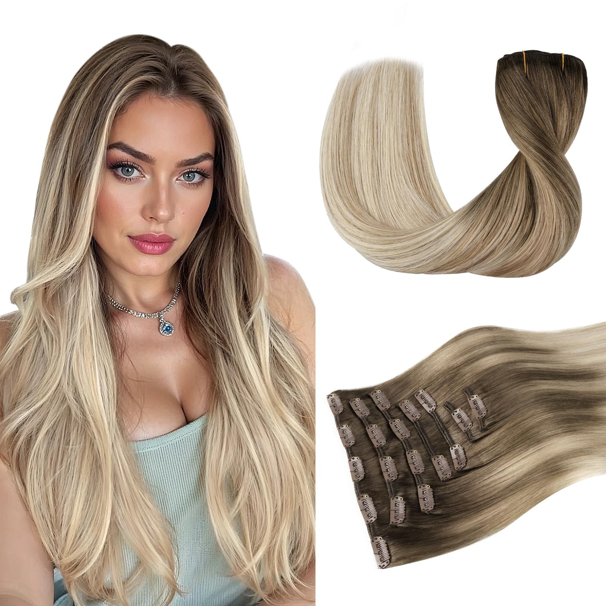 DOORES Clip in Hair Extensions Human Hair front view