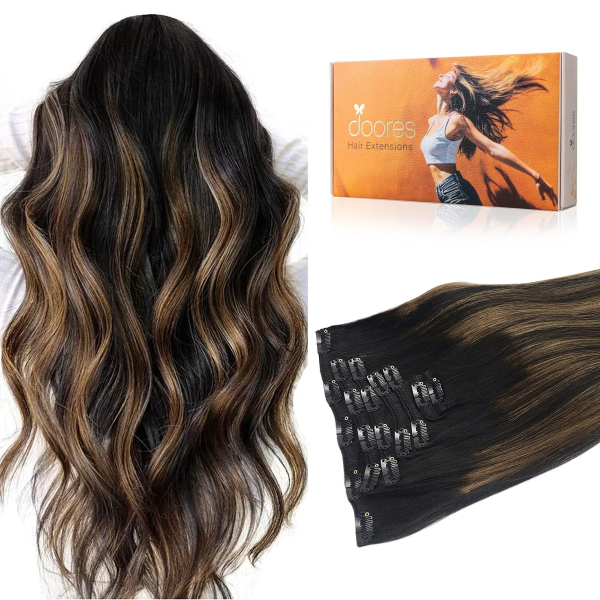 DOORES Clip in Hair Extensions Human Hair front view