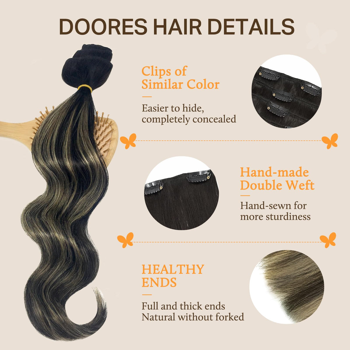 DOORES Clip in Hair Extensions in various colours display