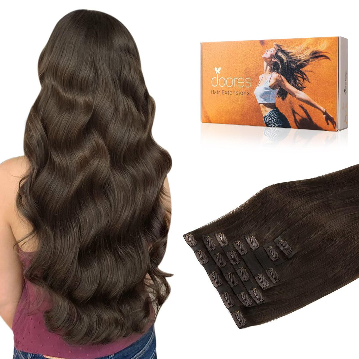 DOORES Clip in Hair Extensions pack front view