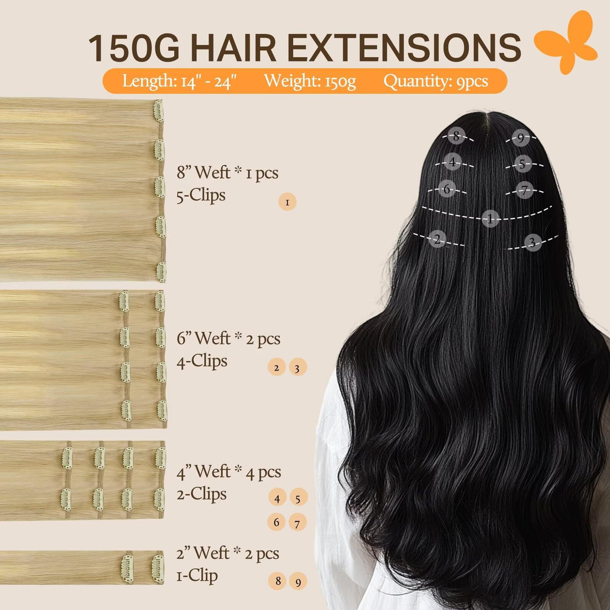 DOORES Clip in Hair Extensions packaging showing 9 pieces