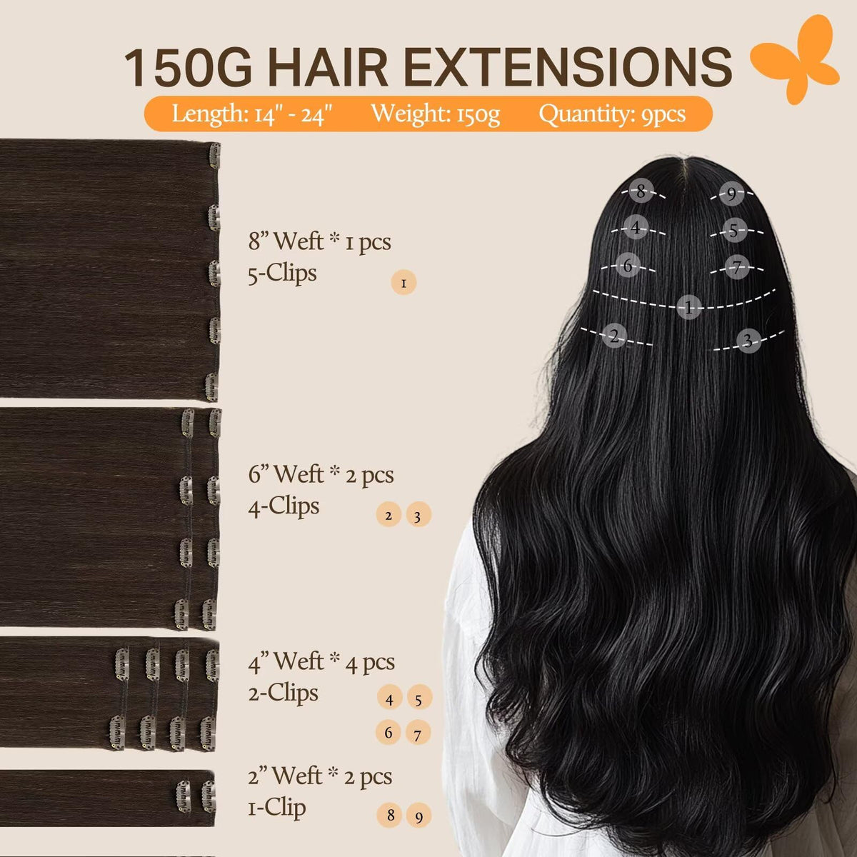 DOORES Clip in Hair Extensions showing 9 pieces and clips