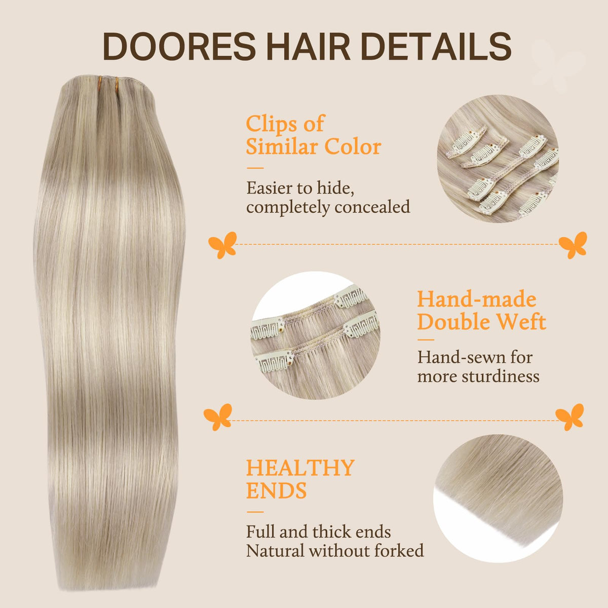 DOORES Clip in Hair Extensions showing soft texture