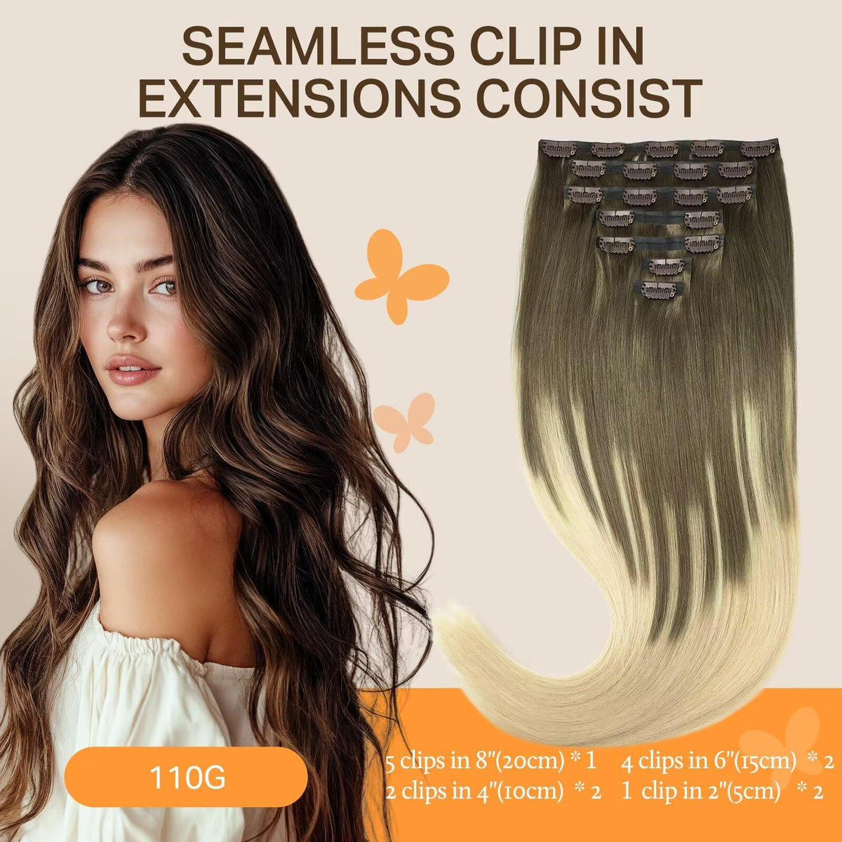DOORES Clip in Hair Extensions showing the 8" piece