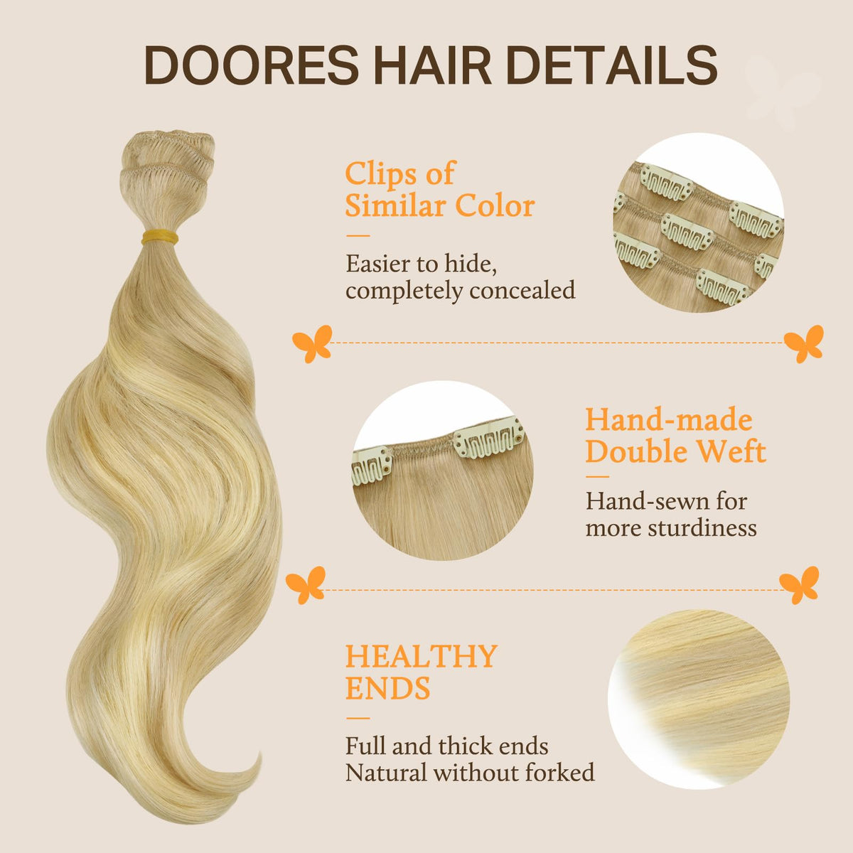 DOORES Clip in Hair Extensions with soft silicone backs