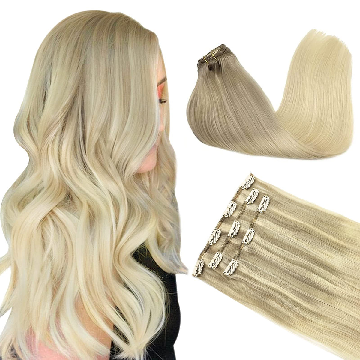 DOORES clip in human hair extensions 14 inch balayage front view