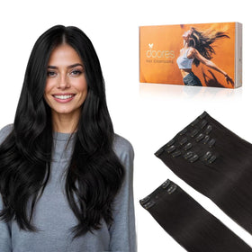 DOORES Hair Extensions Clip in Human Hair Natural Black front view