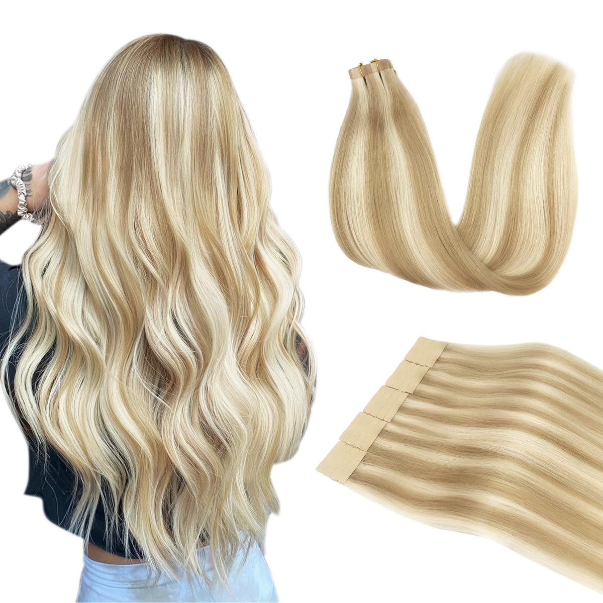 DOORES Tape in Hair Extensions human hair pack front view