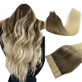 DOORES Tape-In Hair Extensions Ombre Ash Brown to Platinum Blonde front view