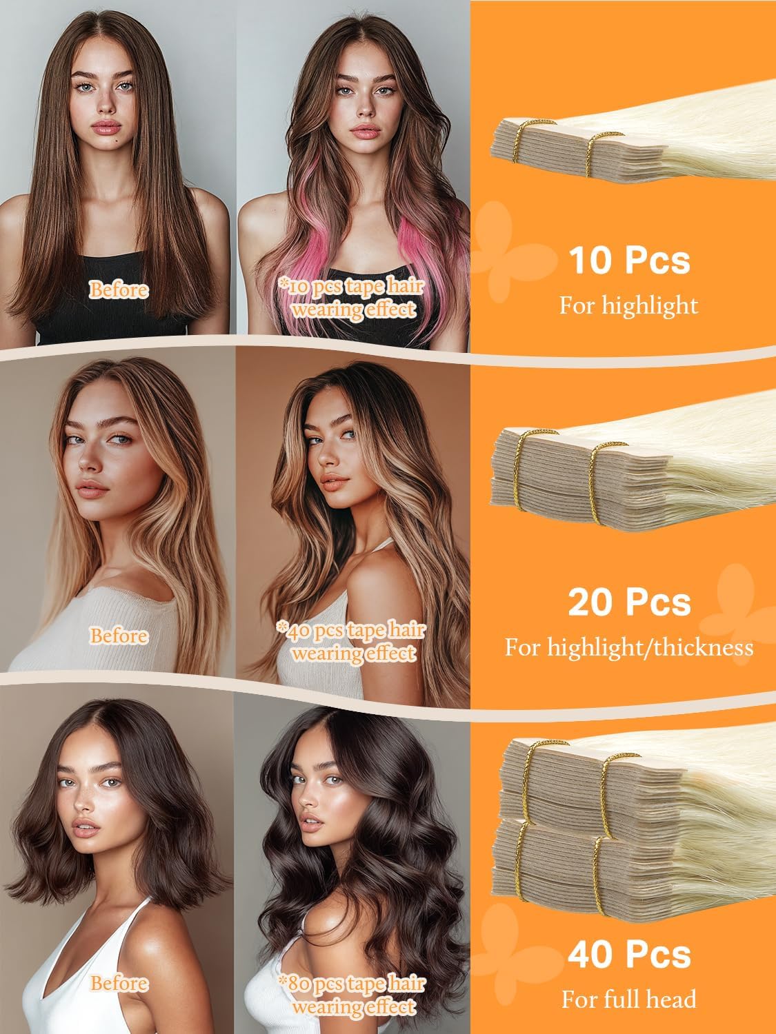 DOORES Tape in Hair Extensions showing length comparison