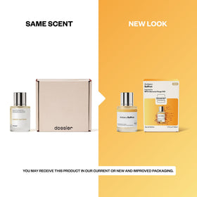 Dossier Ambery Saffron Eau de Parfum bottle with floral background
