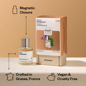 Dossier Woody Sandalwood Eau de Parfum 50ml on a vanity