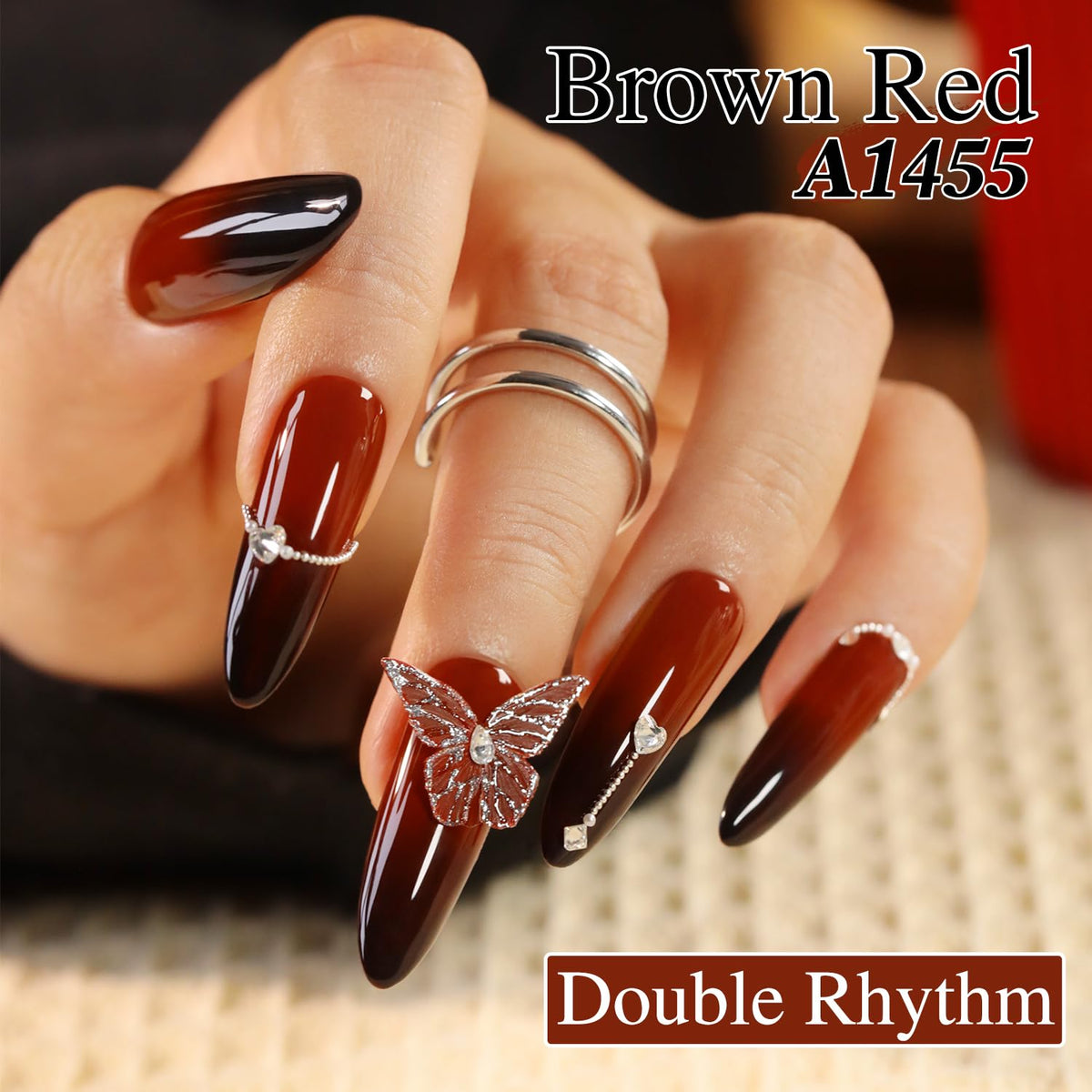Double Rhythm Burgundy Gel Polish 15ML on a manicure table