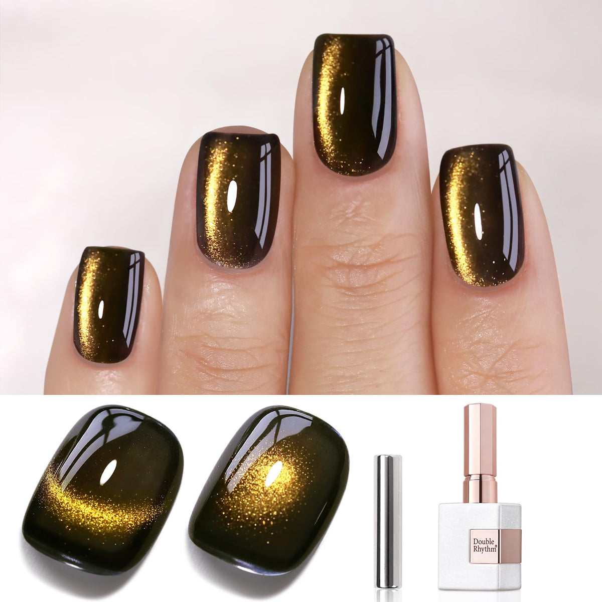 Double Rhythm Cat Eye Gel Nail Polish 15ml Black Gold front view